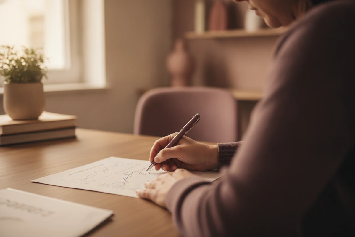 Main annotant un document d'évaluation des risques professionnels sur un bureau