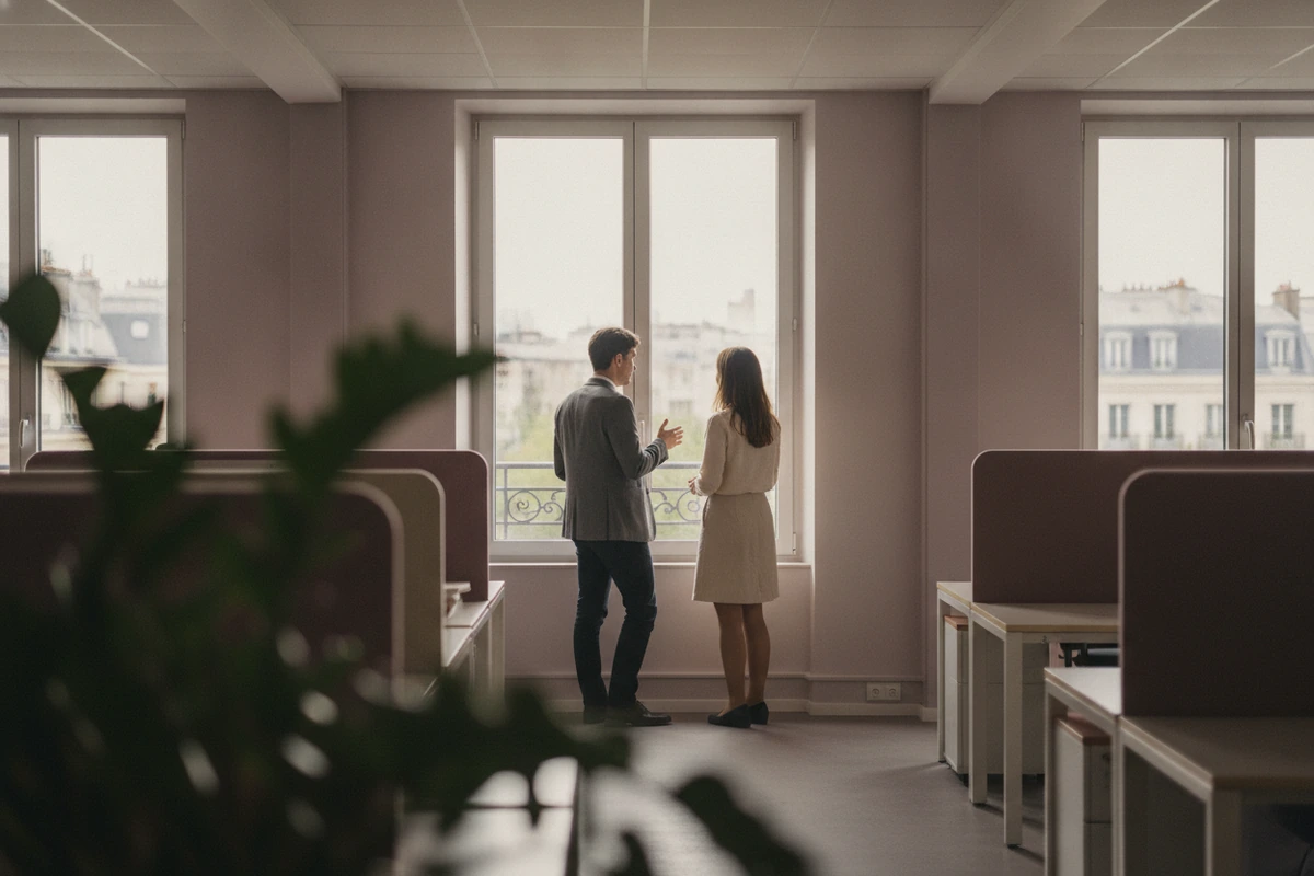 Deux collègues discutant près d'une fenêtre dans un open space lumineux