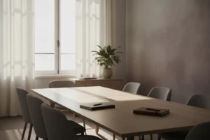 Salle de réunion vide et lumineuse dans un bureau français, illustration de l'obligation de l'employeur en santé mentale au travail