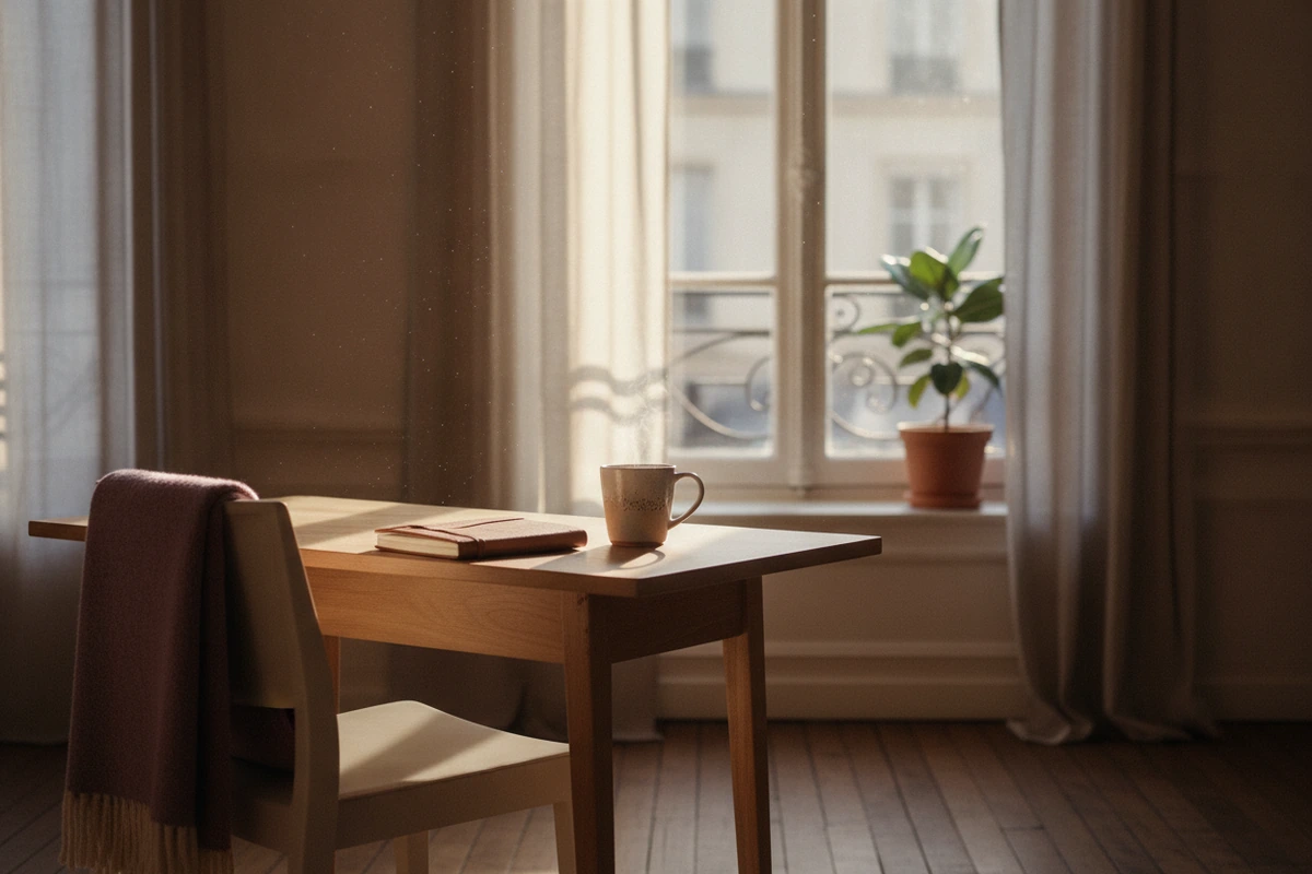 Bureau et tasse de café près d'une fenêtre au petit matin